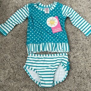 RuffleButts NWT 6-12M Aqua Striped Polka Dot Swim Set
